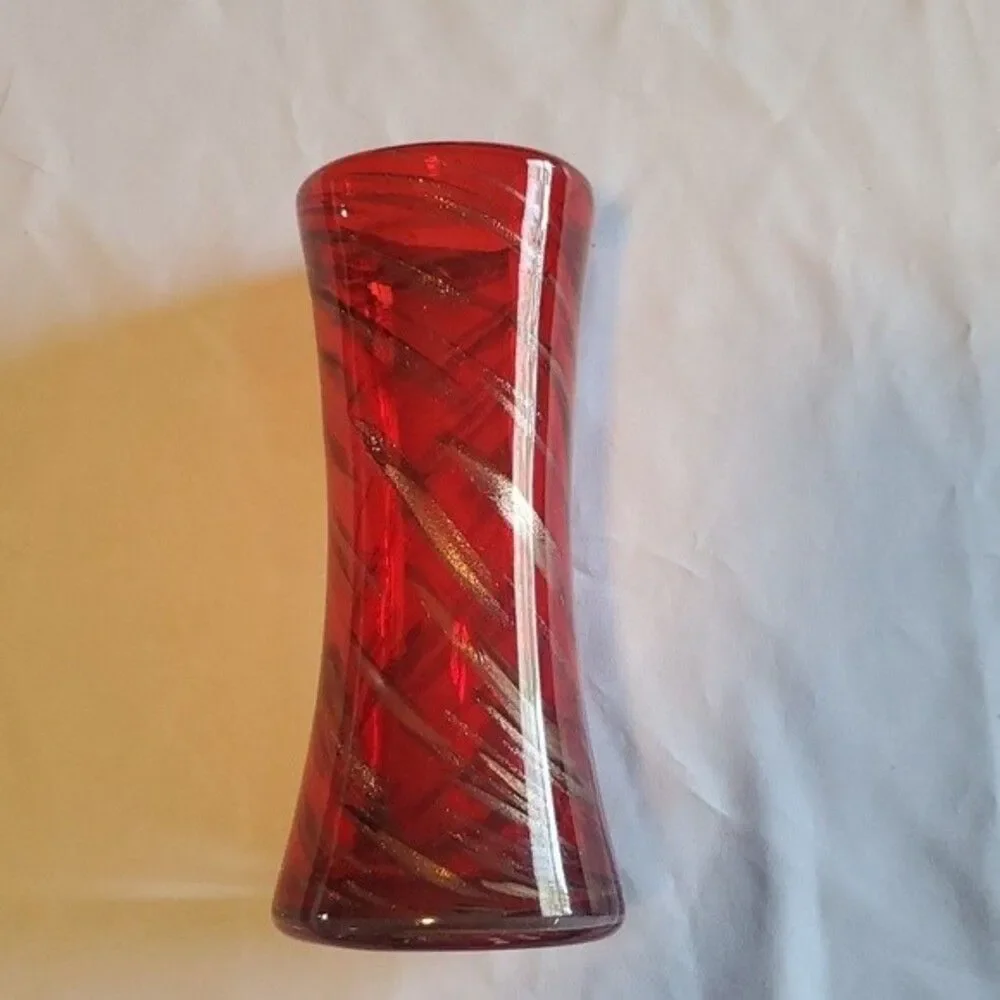 Art Glass Vase | Red with Gold & Black Swirls | Studio-Style Hand Blown MCM
